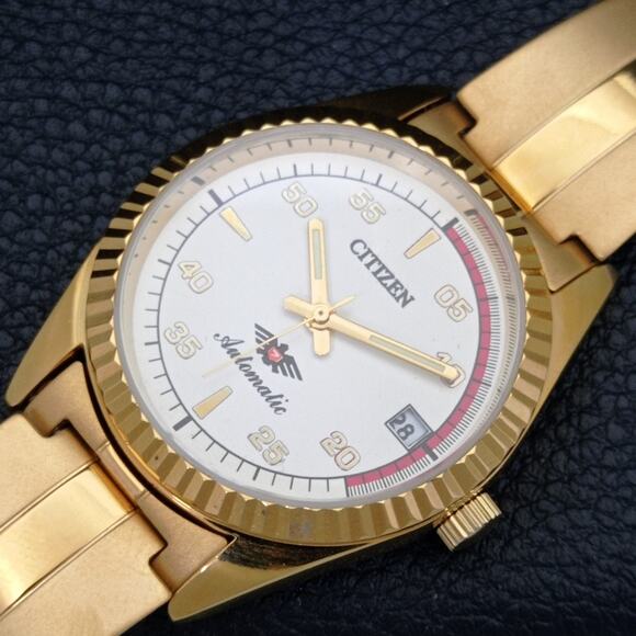 Vintage 1991 Citizen Automatic Mens Gold Watch W/daydate & Red accents - Picture 6 of 10